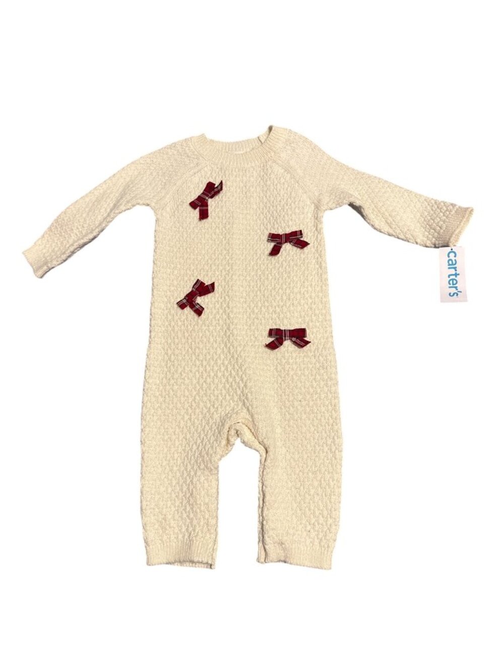 Carters Baby Girls Cream Knit Romper Red Plaid Bow Accents 9M - Picture 1 of 4